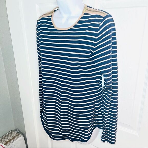 Nautica Striped Womens Long Sleeve Top Zipper Shoulders Tan Trim Navy White M - Picture 6 of 10